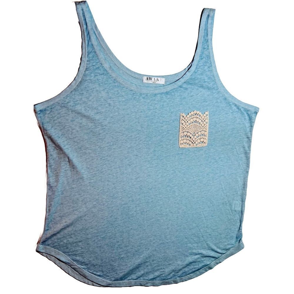 Women's Cream Crochet Lace Pocket Scoop Neck Tank Top-Awake, Light Blue, Large